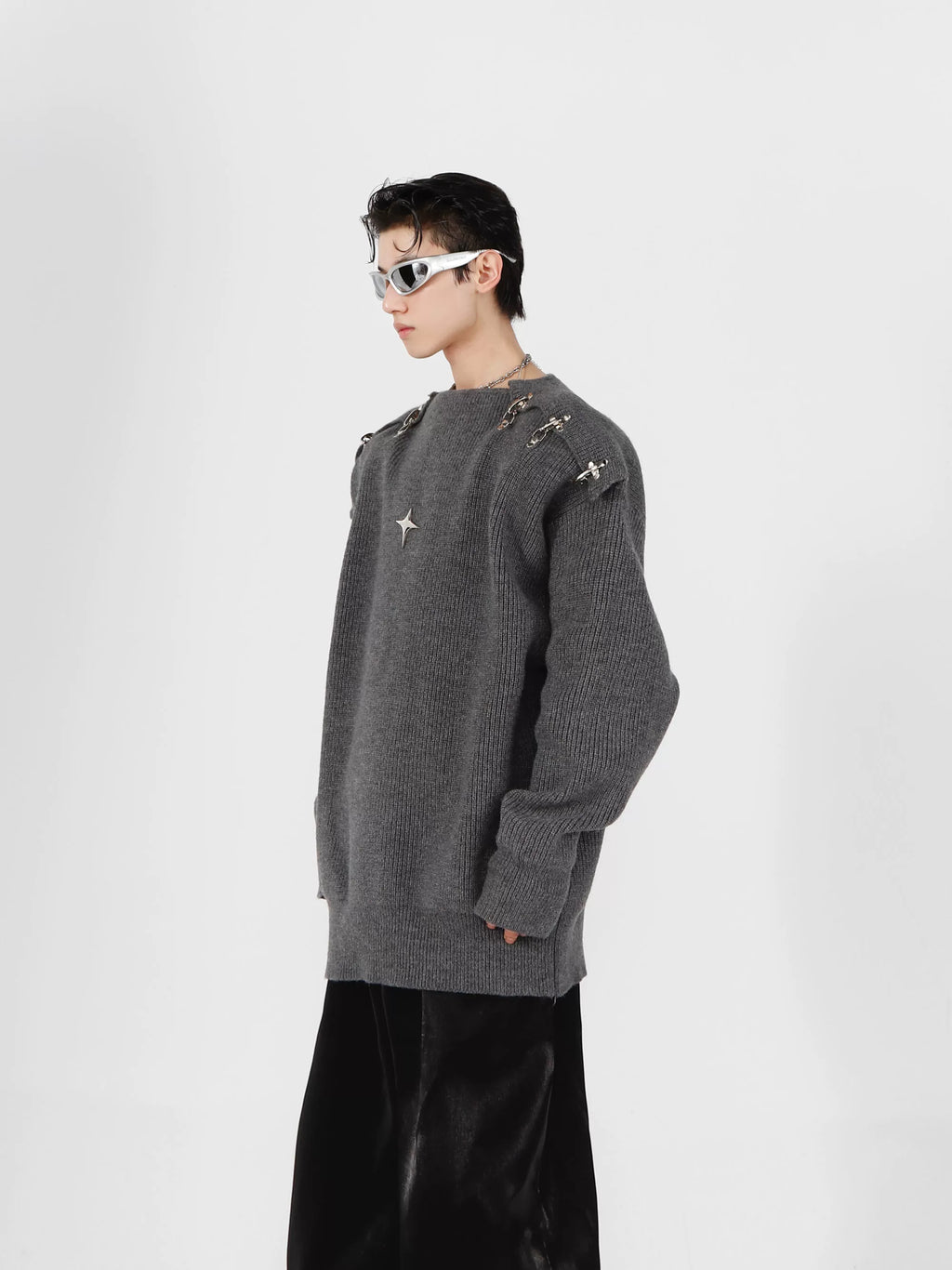 Metal Buckle Cut-Out Knit Sweater