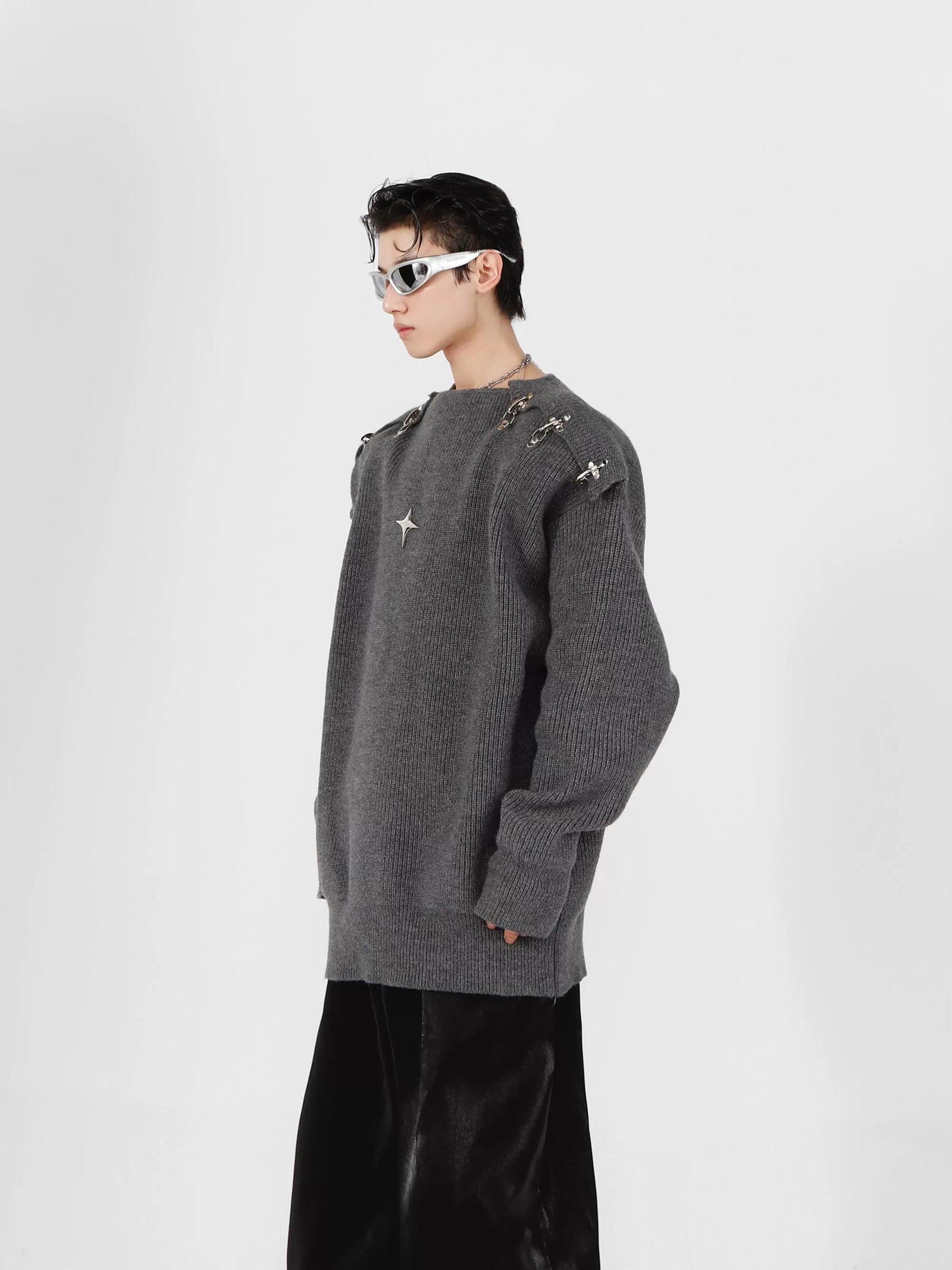 Metal Buckle Cut-Out Knit Sweater