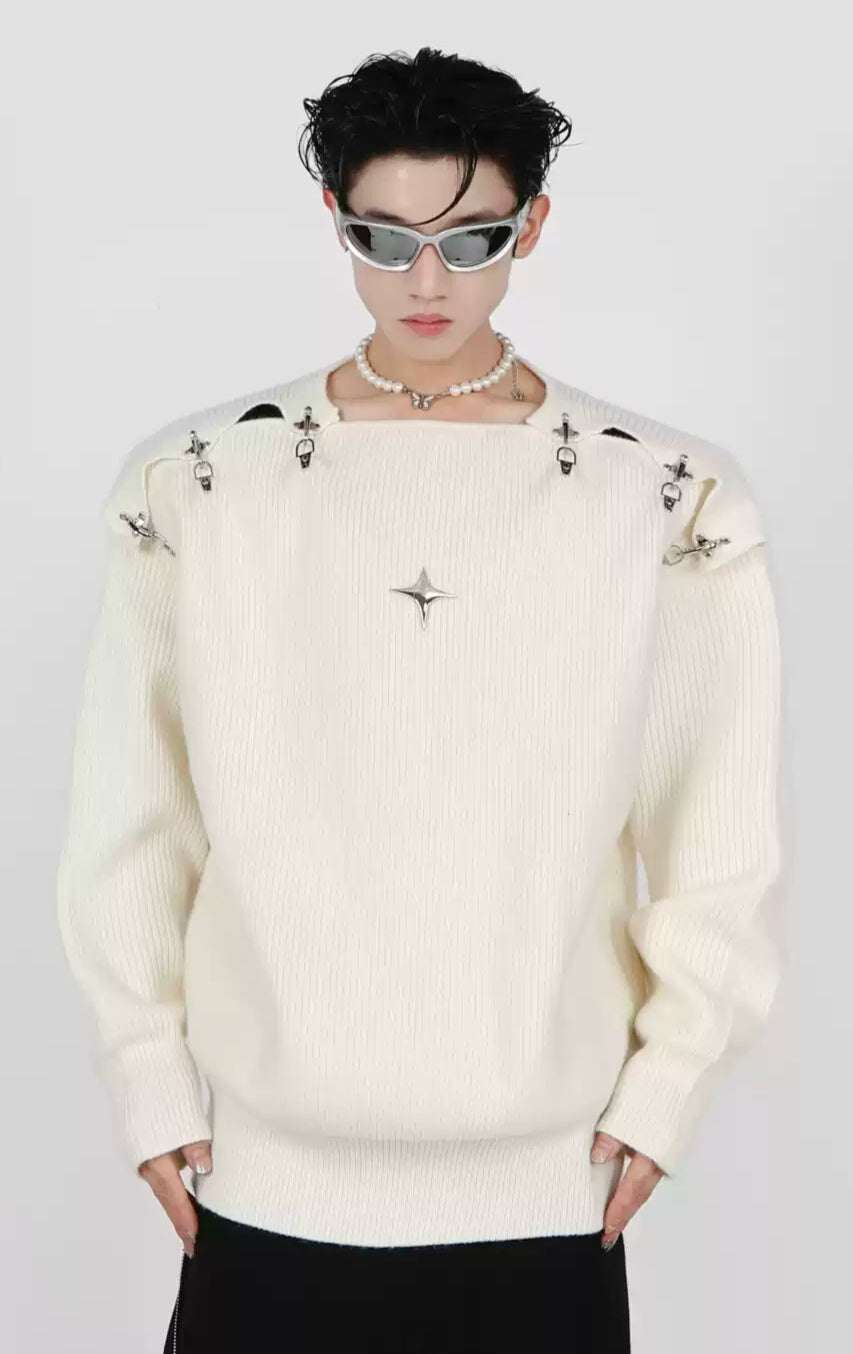 Metal Buckle Cut-Out Knit Sweater