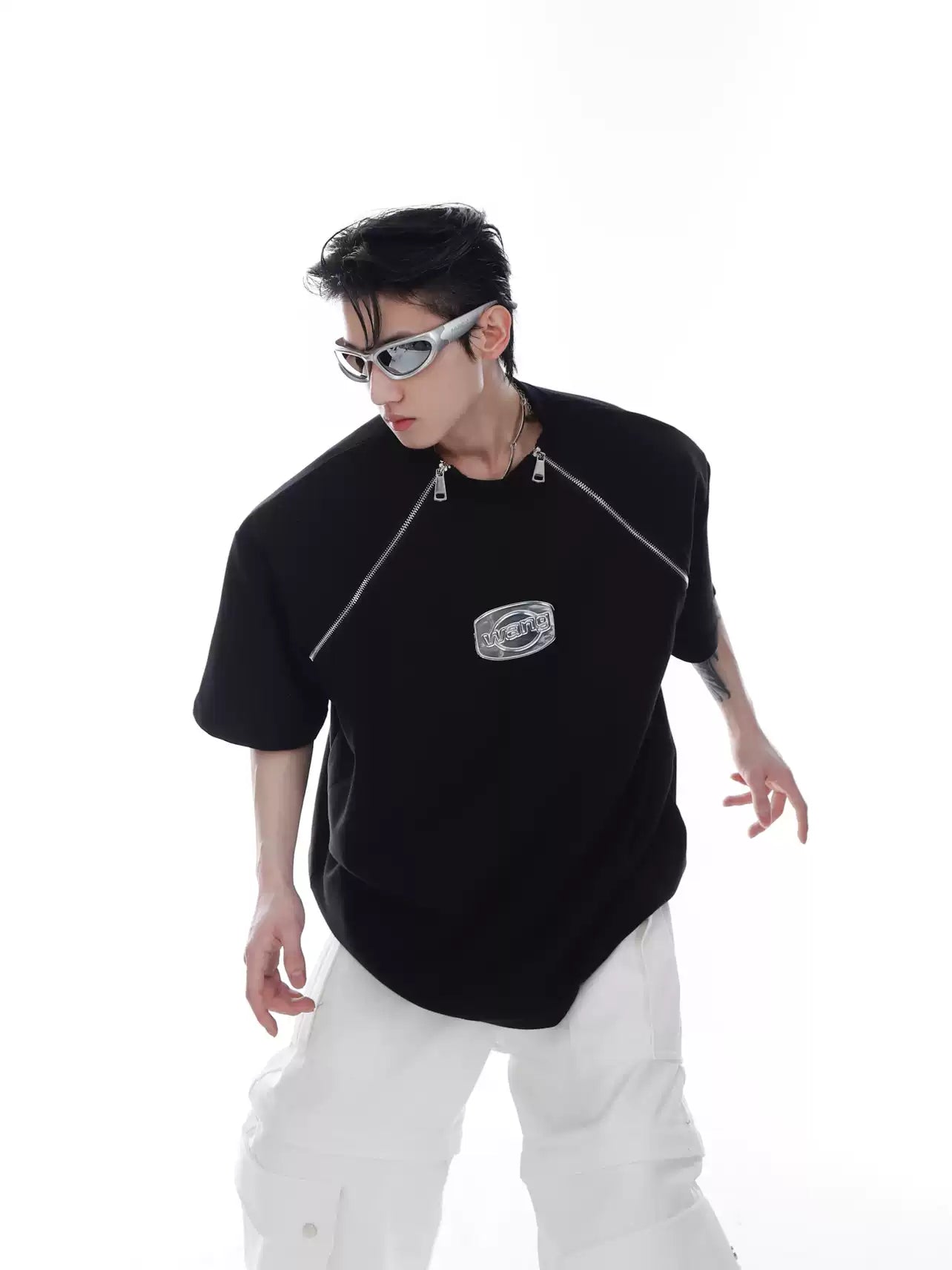 Padded Shoulder Zipper Splice T-Shirt