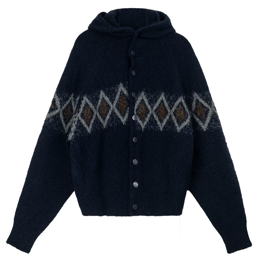Jacquard Hooded Sweater Offset Diamond Pattern