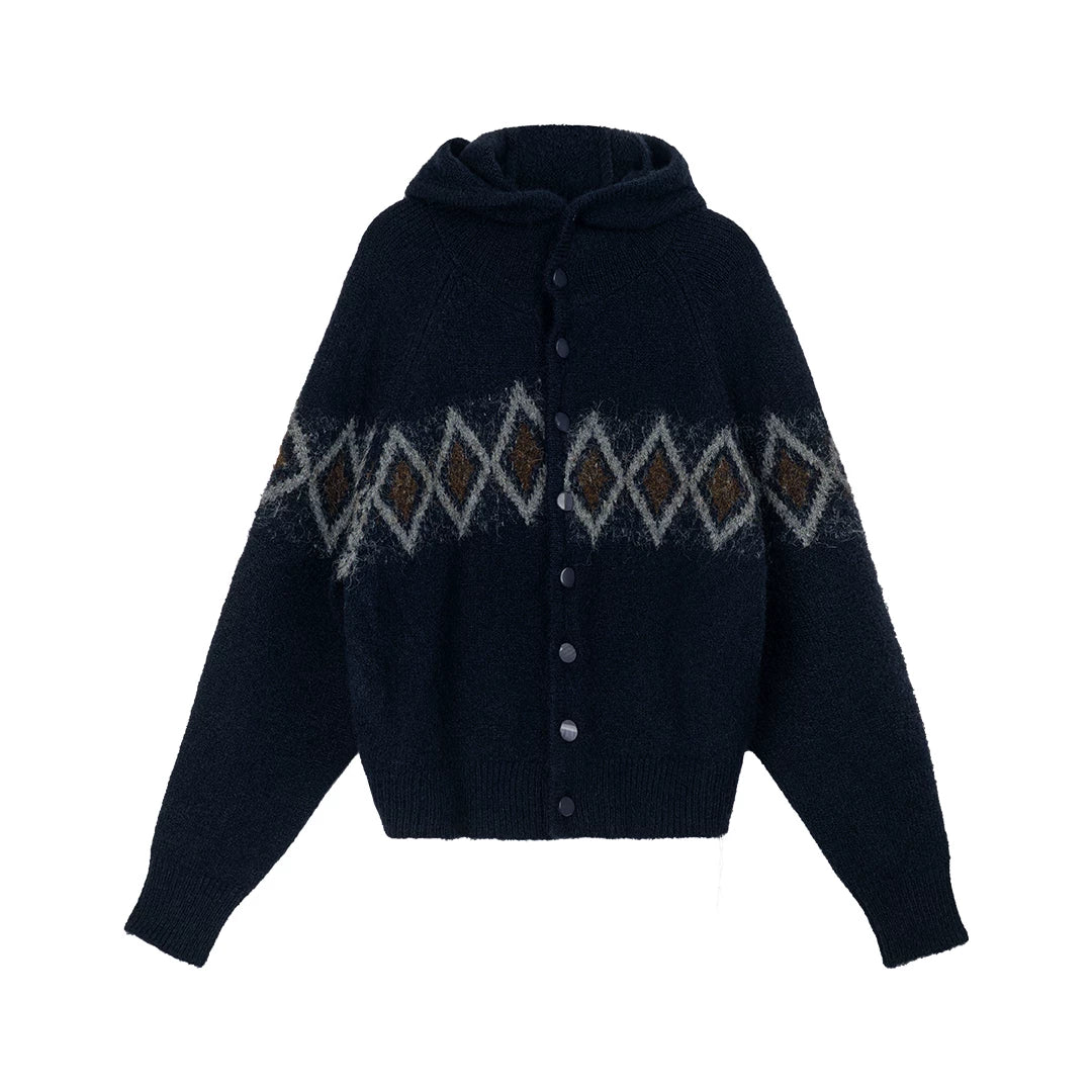 Jacquard Hooded Sweater Offset Diamond Pattern