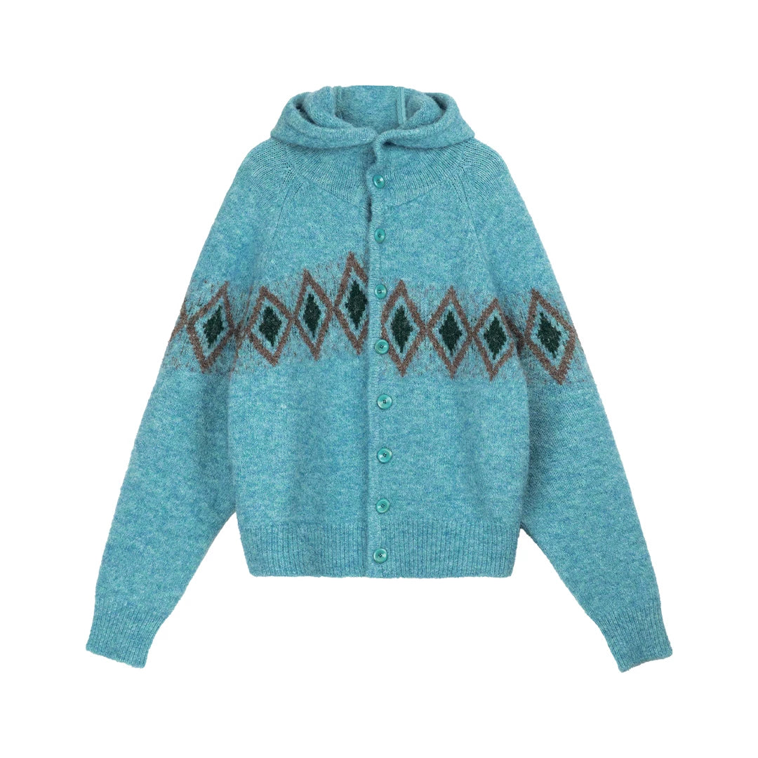Jacquard Hooded Sweater Offset Diamond Pattern
