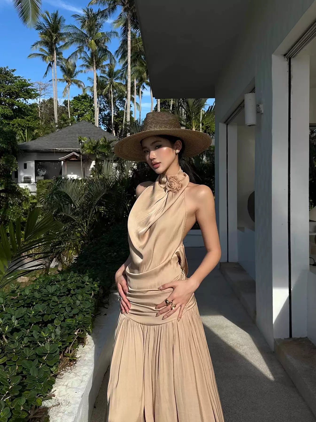 Halter Cowl Neck Backless Slip Maxi Dress