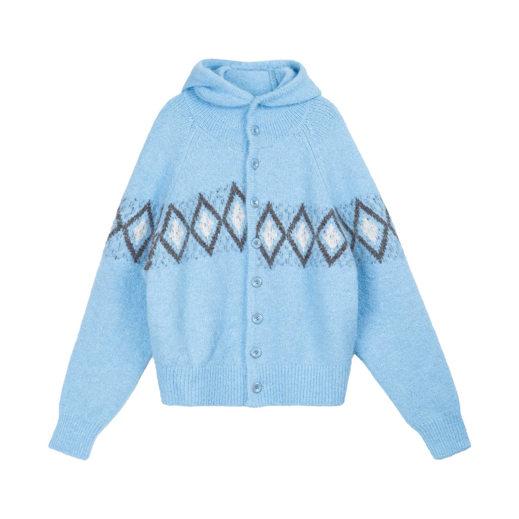 Jacquard Hooded Sweater Offset Diamond Pattern