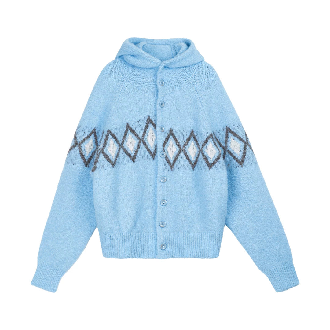 Jacquard Hooded Sweater Offset Diamond Pattern