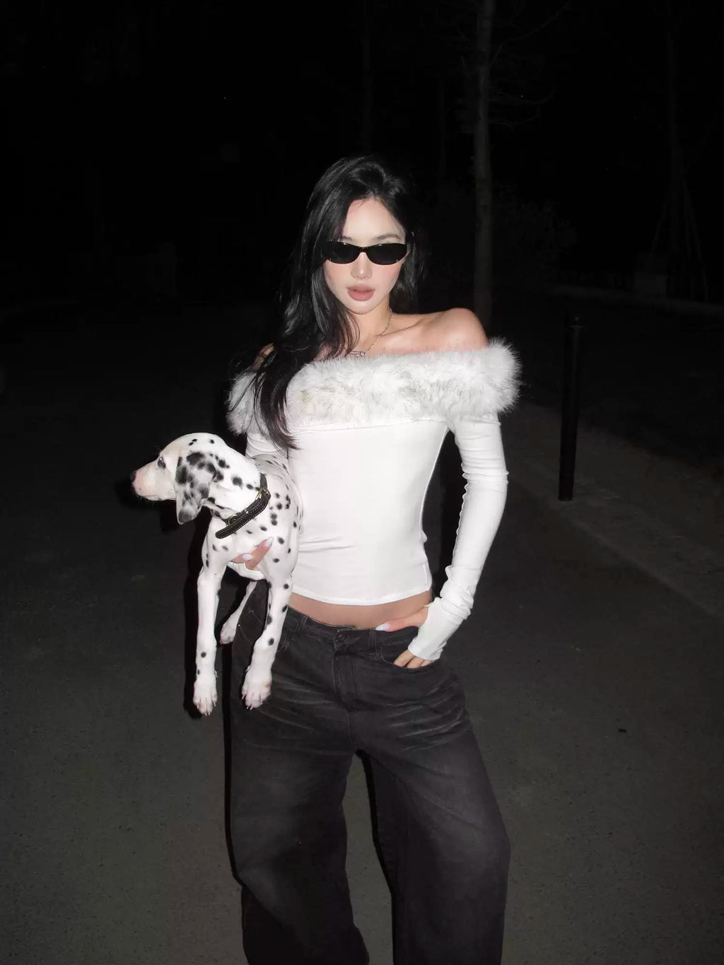 Off-Shoulder Faux Fur Trim Long Sleeve Top
