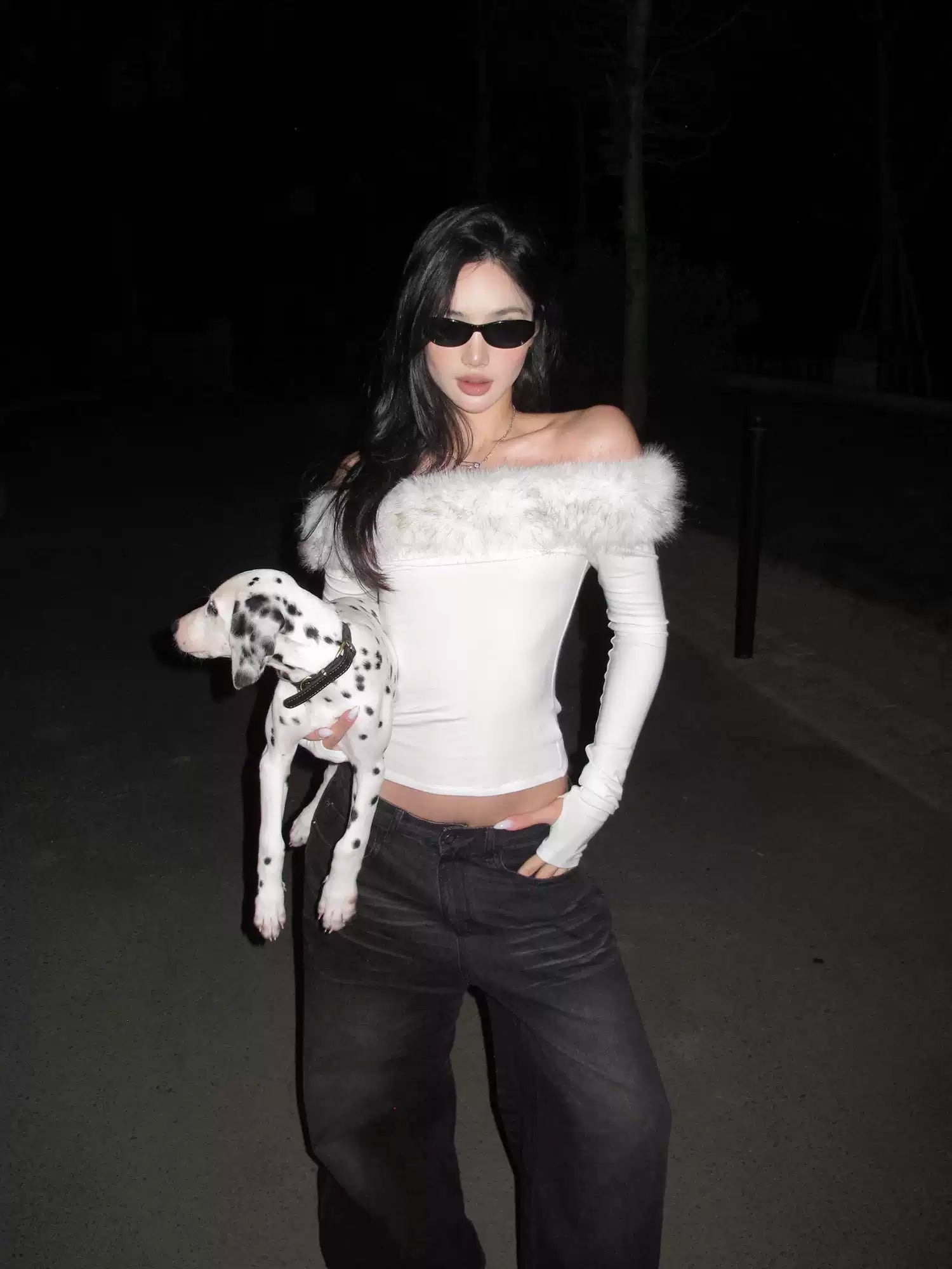 Off-Shoulder Faux Fur Trim Long Sleeve Top