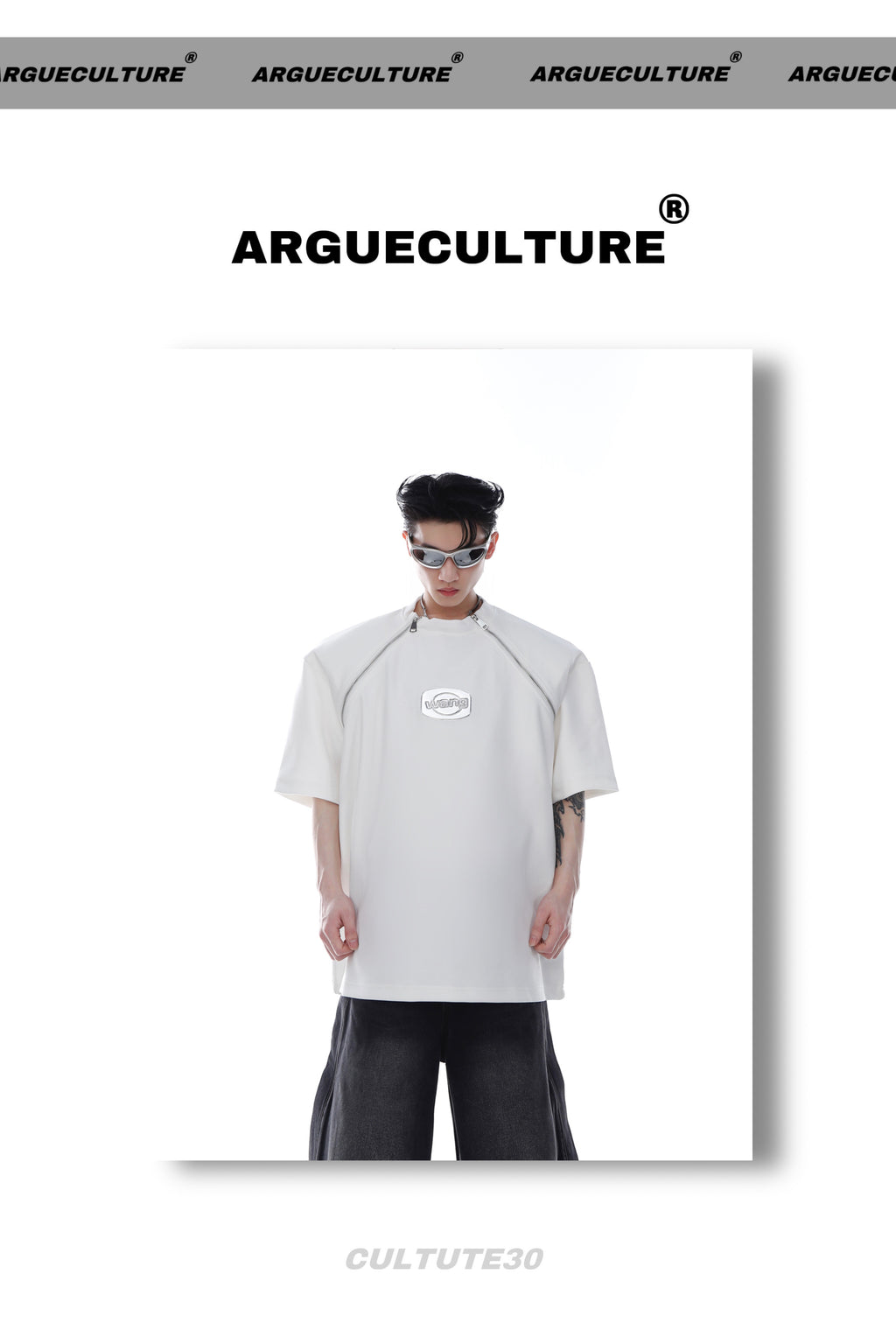 Padded Shoulder Zipper Splice T-Shirt