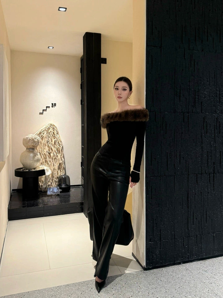 Off-Shoulder Faux Fur Trim Long Sleeve Top