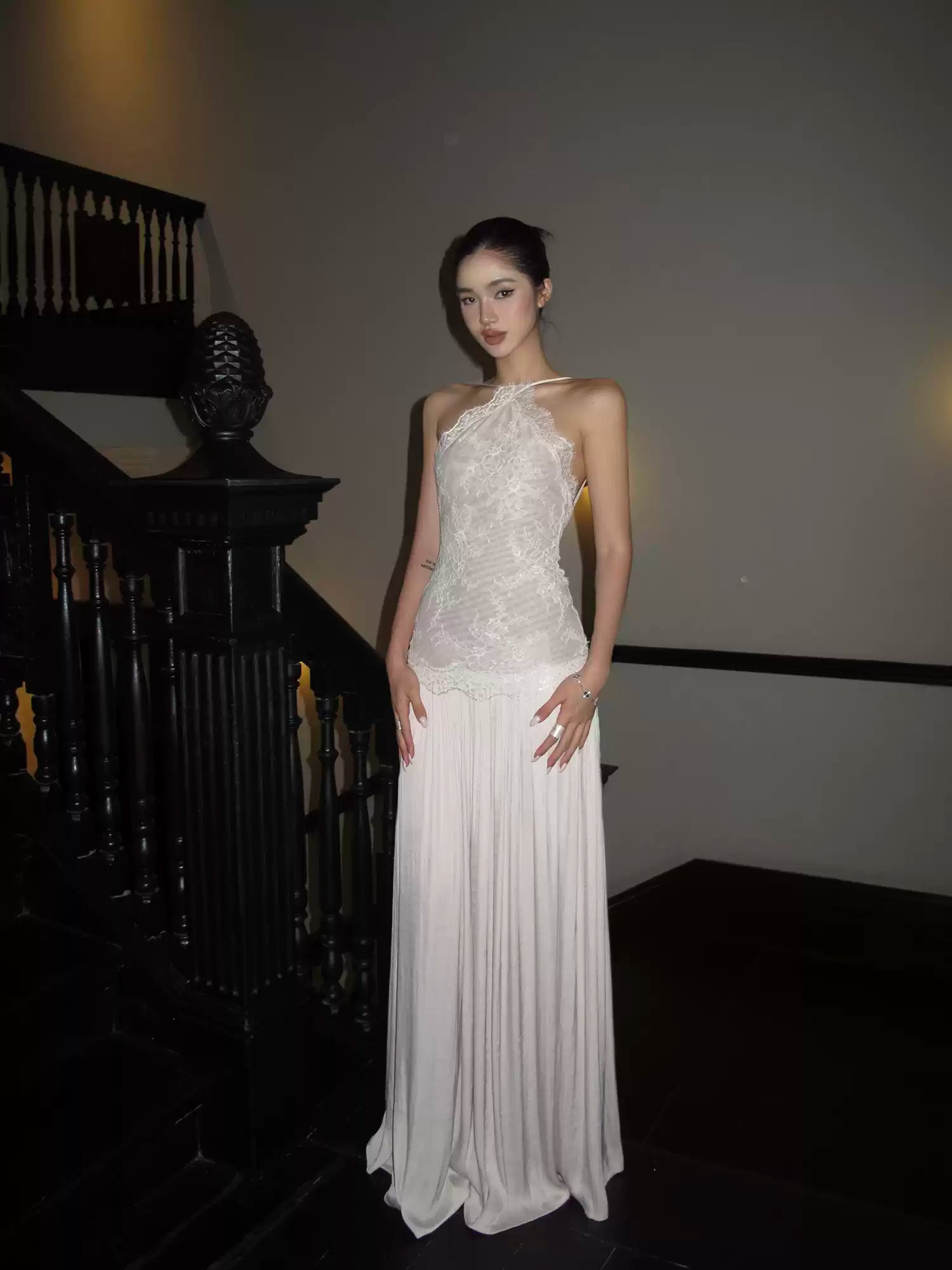 Lace Panel Halter Slip Maxi Dress