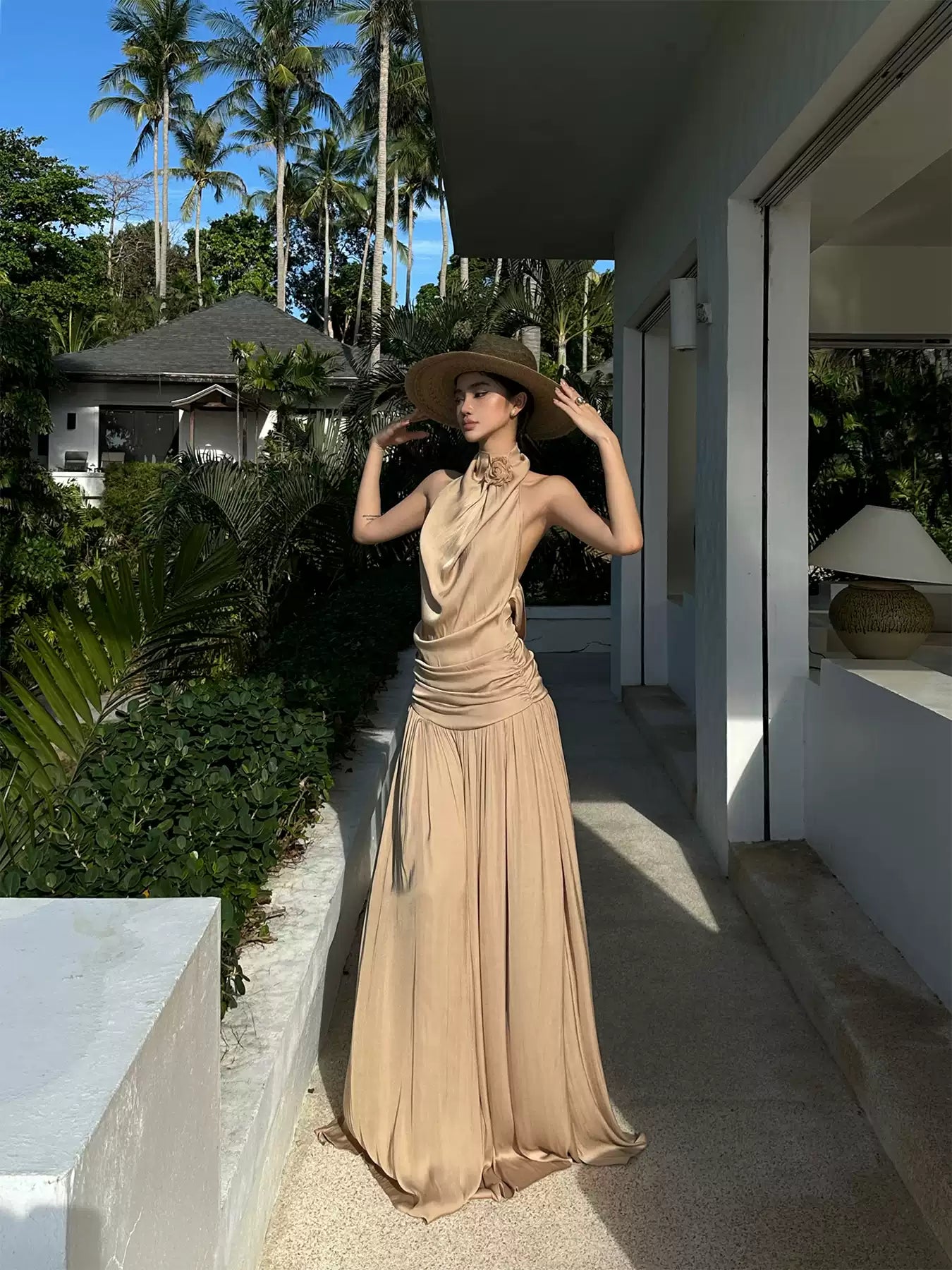 Halter Cowl Neck Backless Slip Maxi Dress