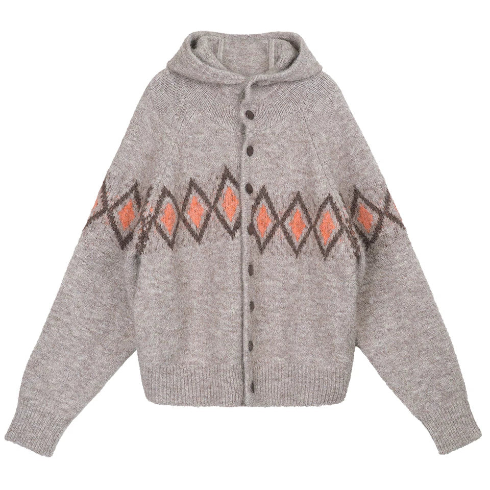 Jacquard Hooded Sweater Offset Diamond Pattern