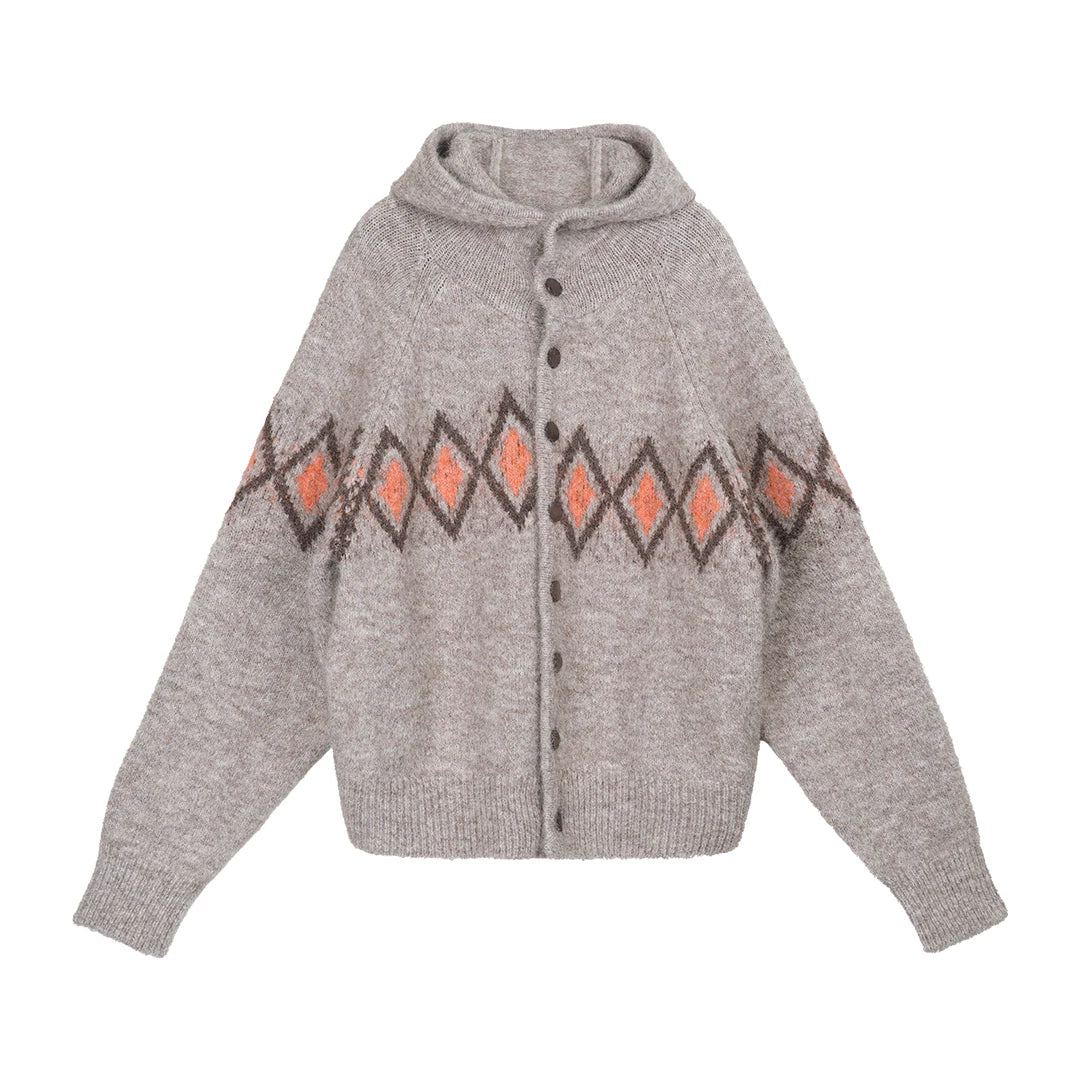 Jacquard Hooded Sweater Offset Diamond Pattern