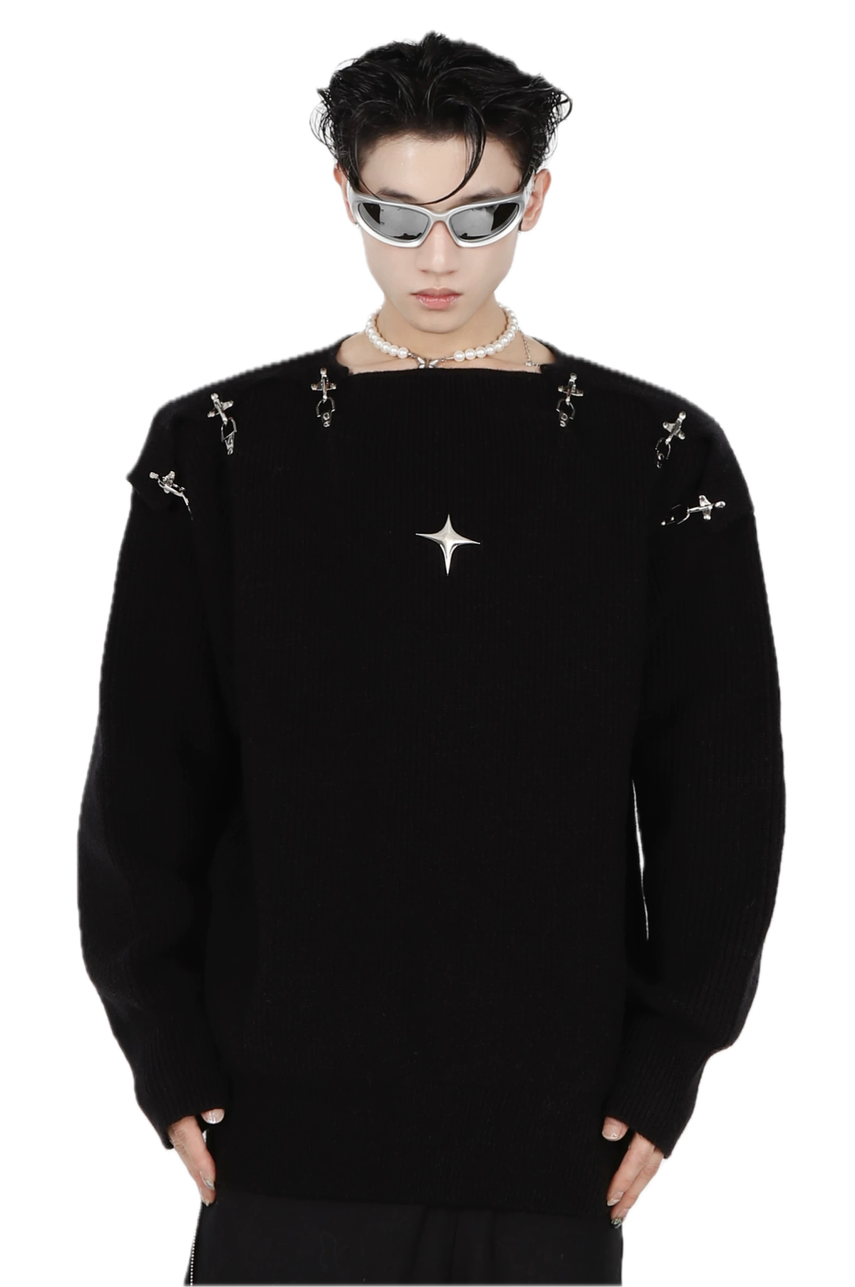 Metal Buckle Cut-Out Knit Sweater