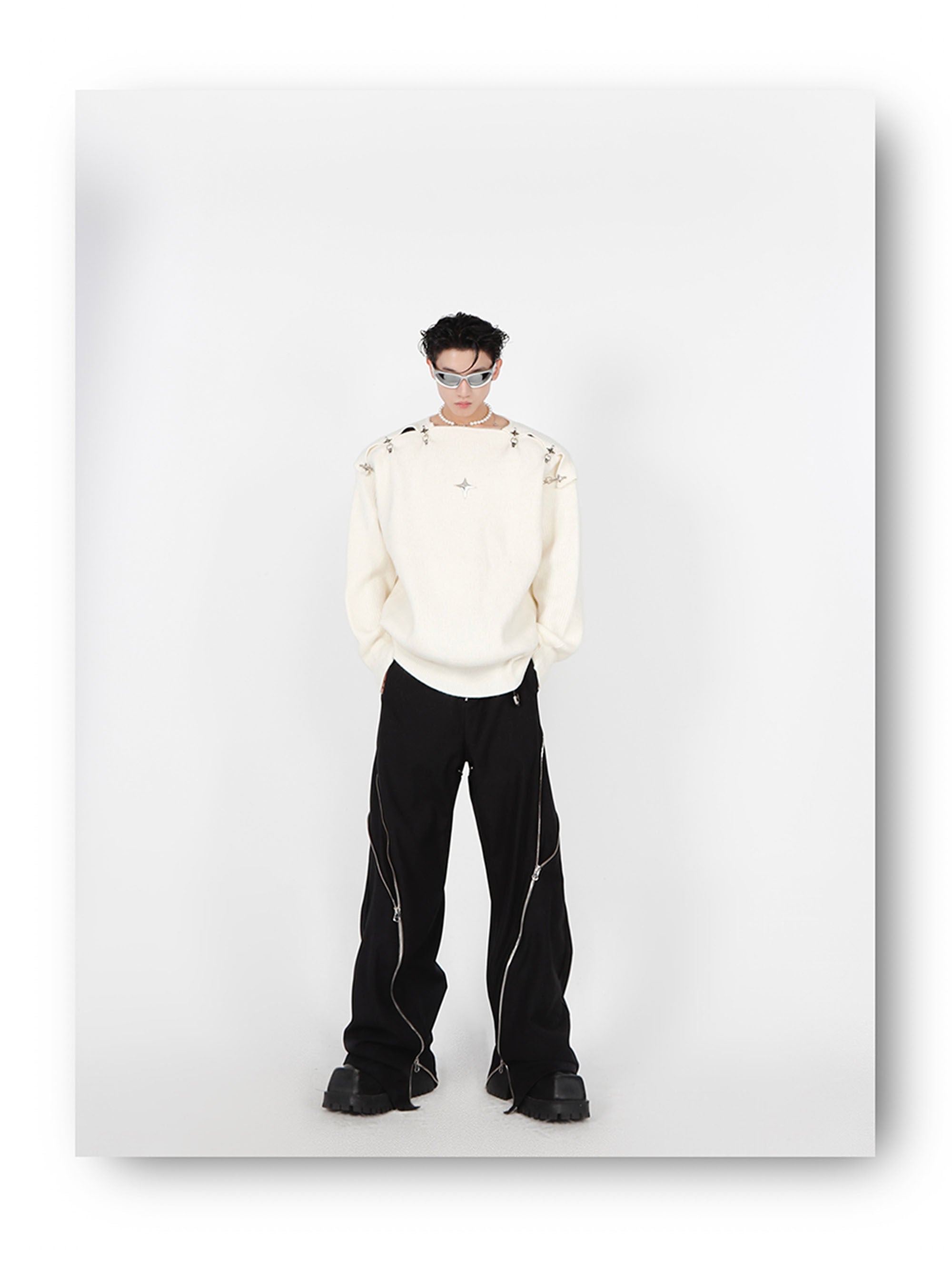 Metal Buckle Cut-Out Knit Sweater