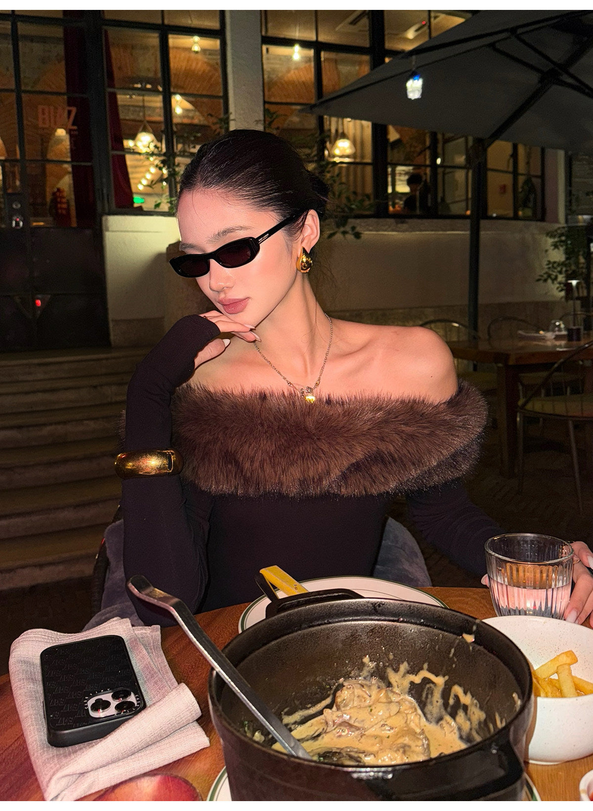 Off-Shoulder Faux Fur Trim Long Sleeve Top