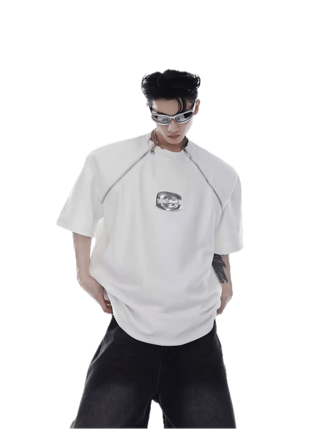 Padded Shoulder Zipper Splice T-Shirt