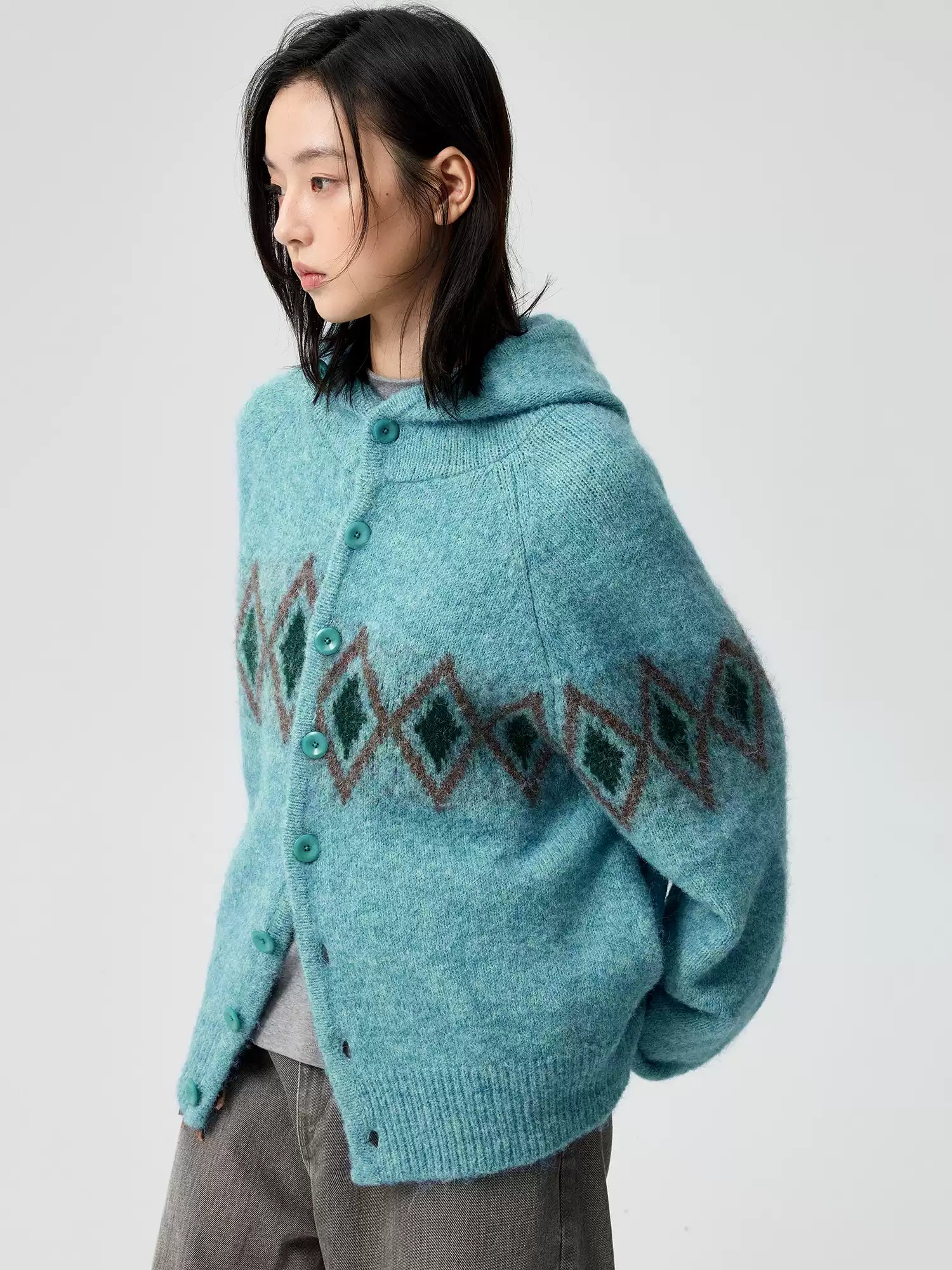 Jacquard Hooded Sweater Offset Diamond Pattern