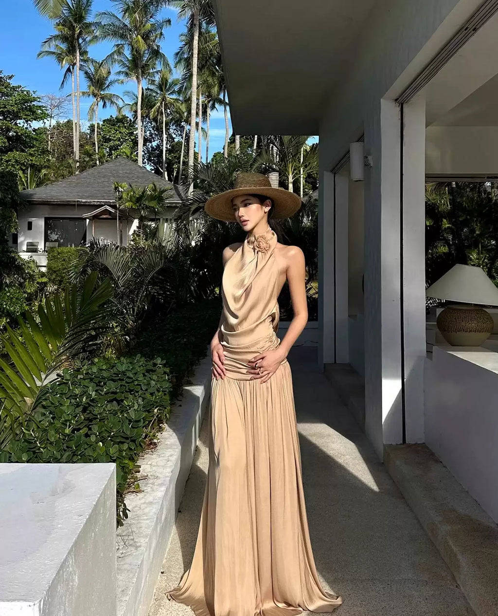 Halter Cowl Neck Backless Slip Maxi Dress