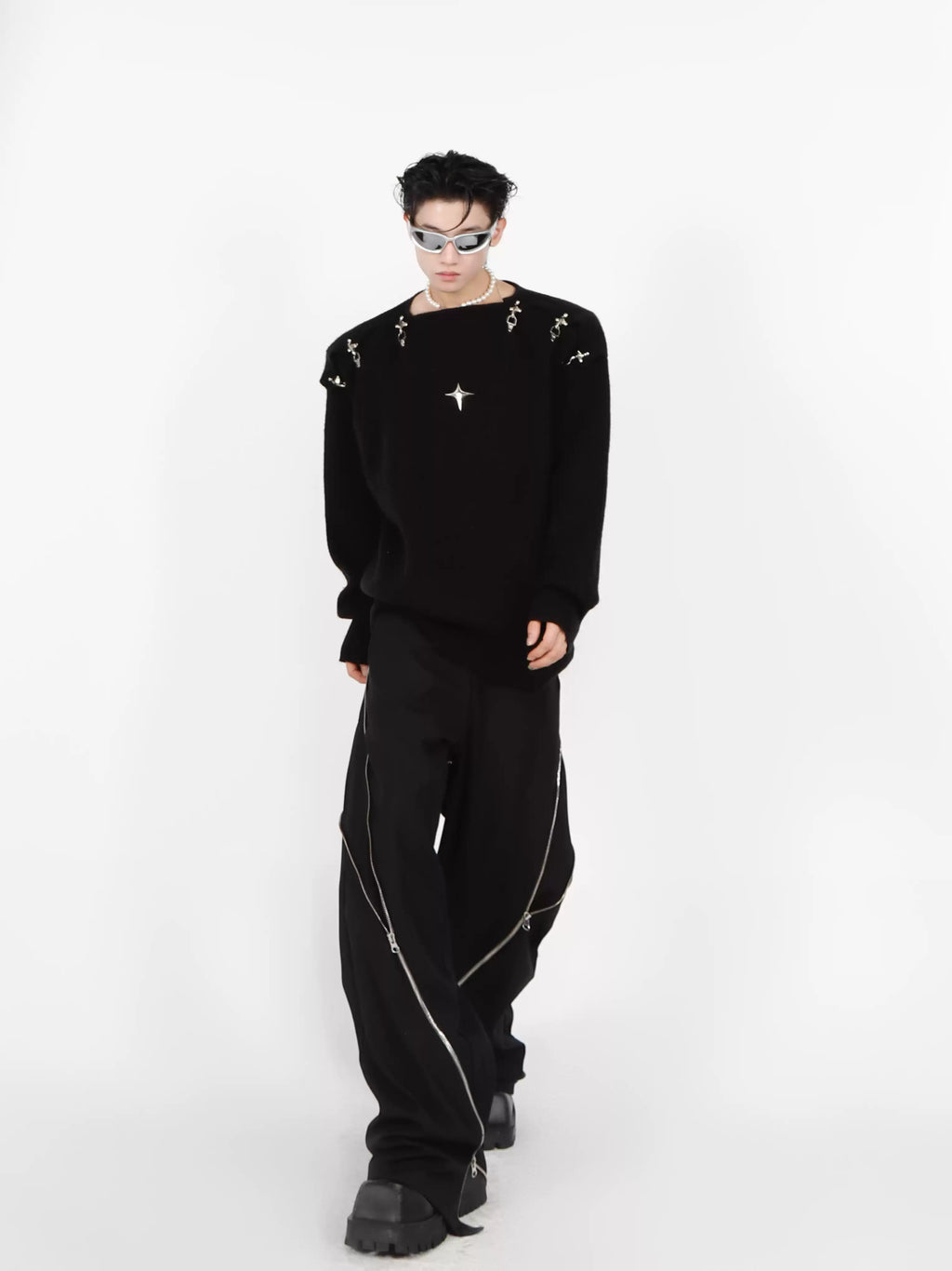 Metal Buckle Cut-Out Knit Sweater