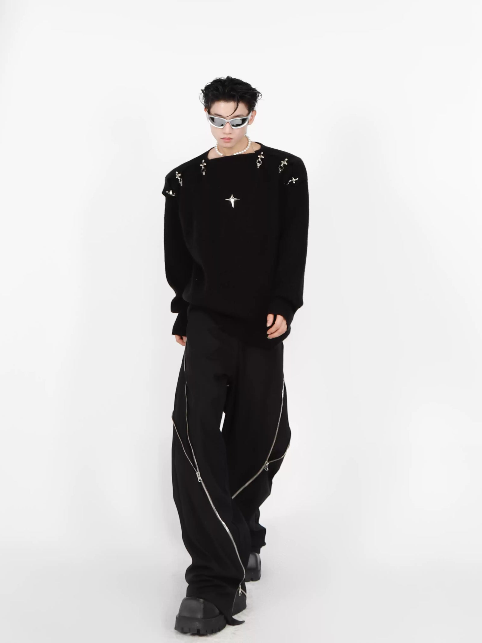Metal Buckle Cut-Out Knit Sweater