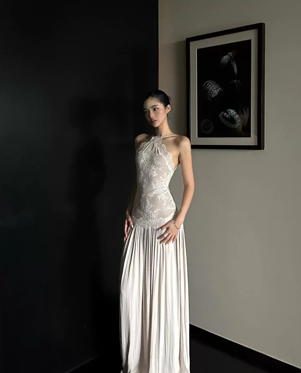 Lace Panel Halter Slip Maxi Dress