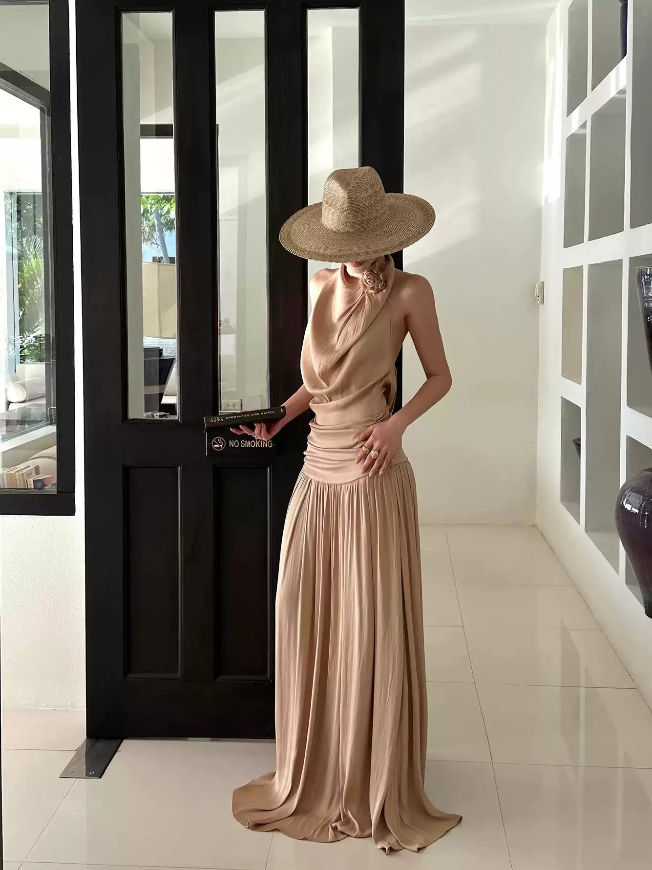 Halter Cowl Neck Backless Slip Maxi Dress