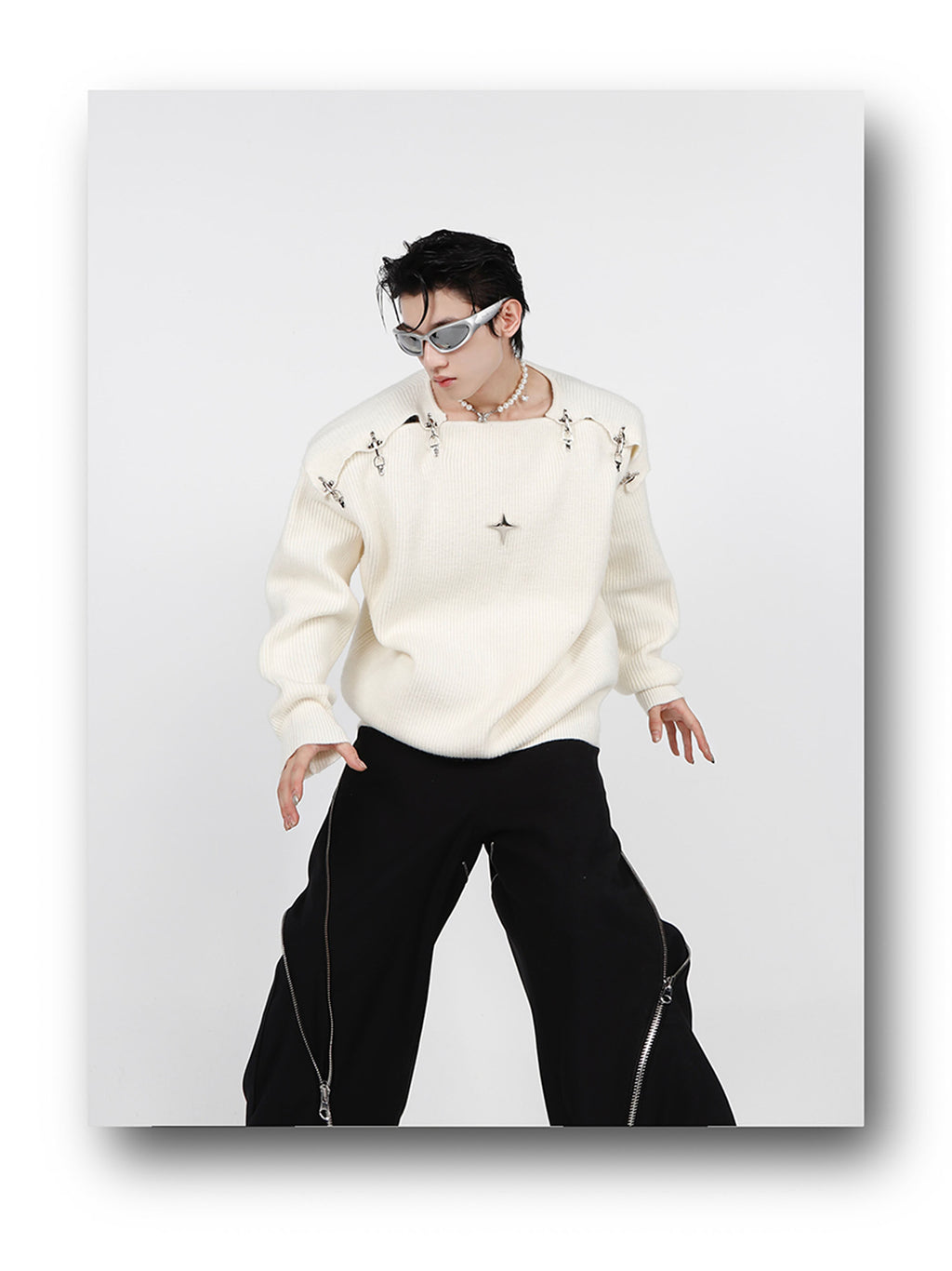 Metal Buckle Cut-Out Knit Sweater