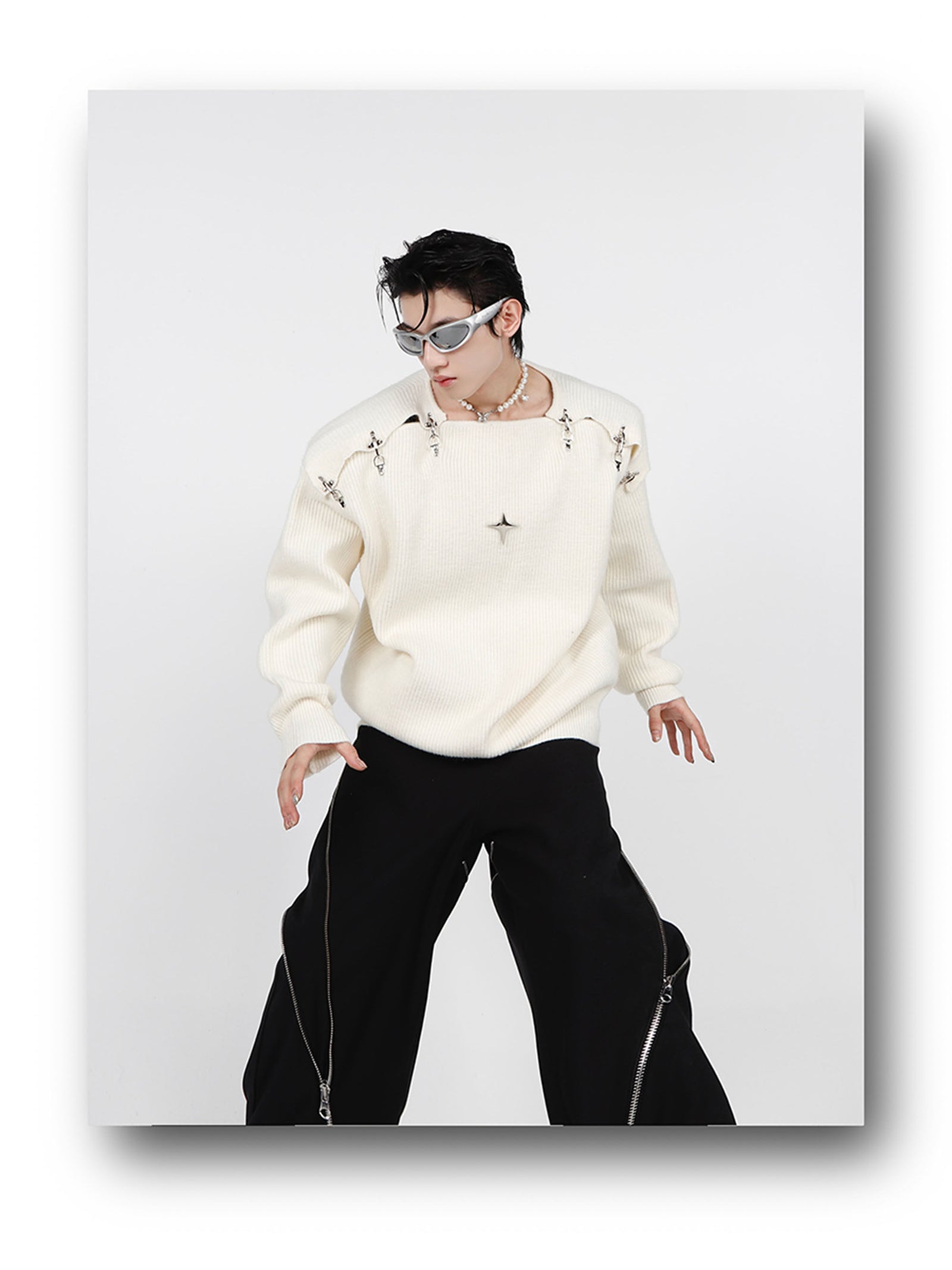 Metal Buckle Cut-Out Knit Sweater