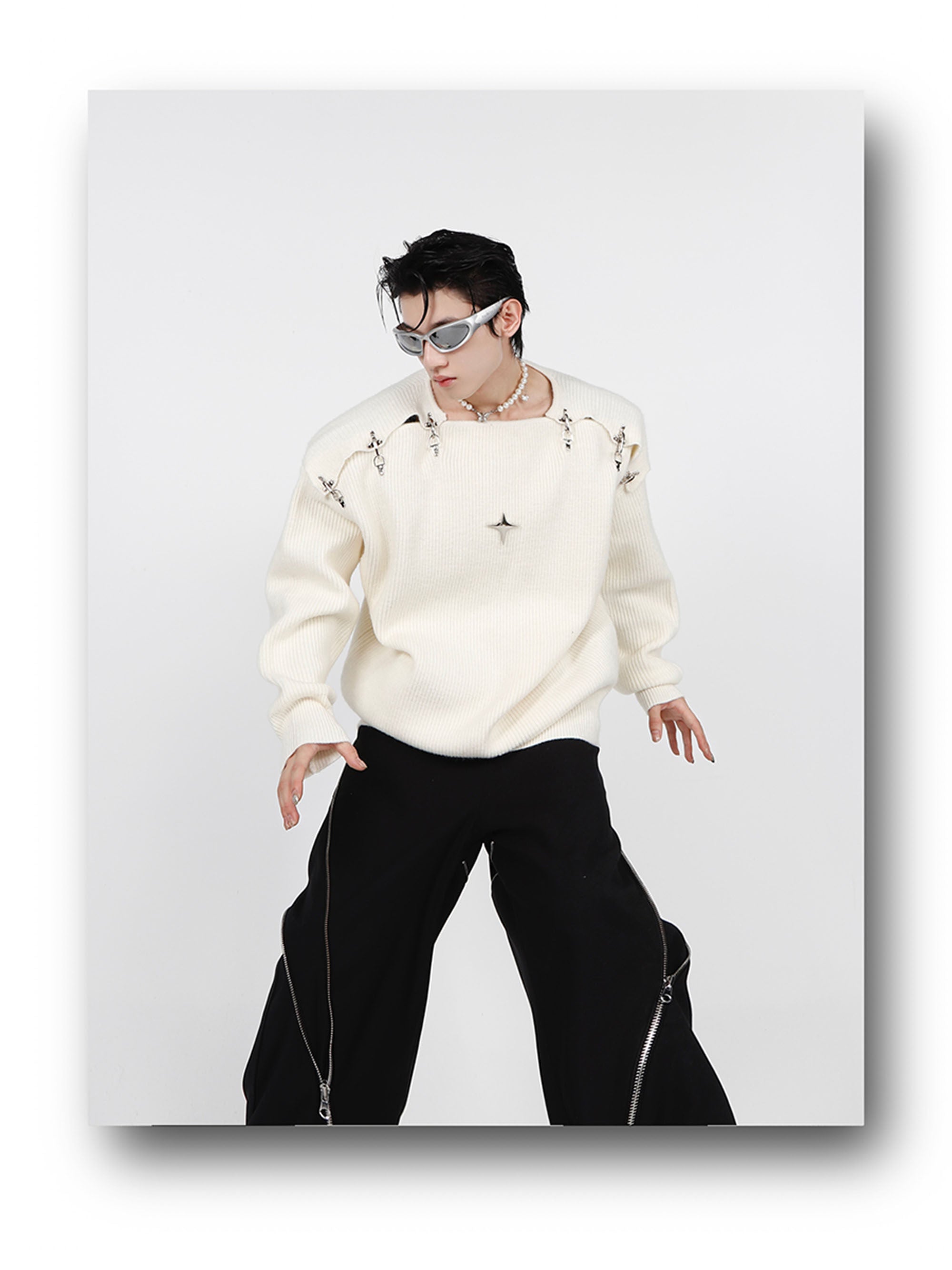 Metal Buckle Cut-Out Knit Sweater