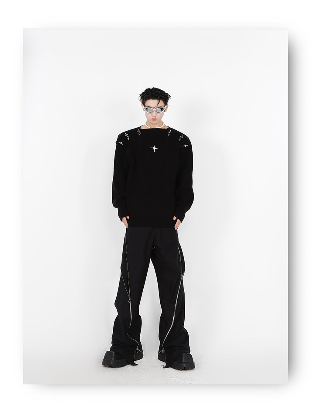 Metal Buckle Cut-Out Knit Sweater