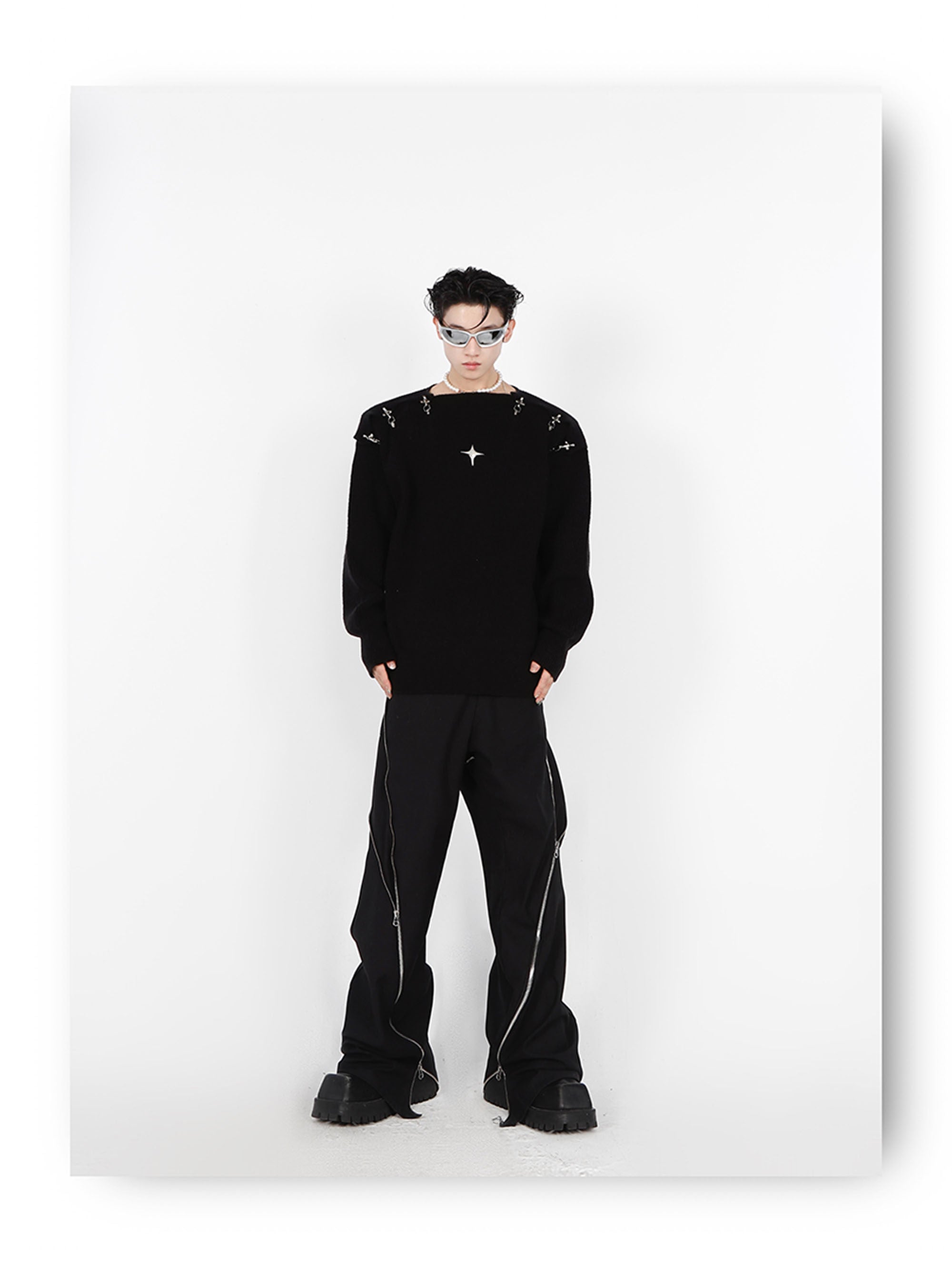 Metal Buckle Cut-Out Knit Sweater