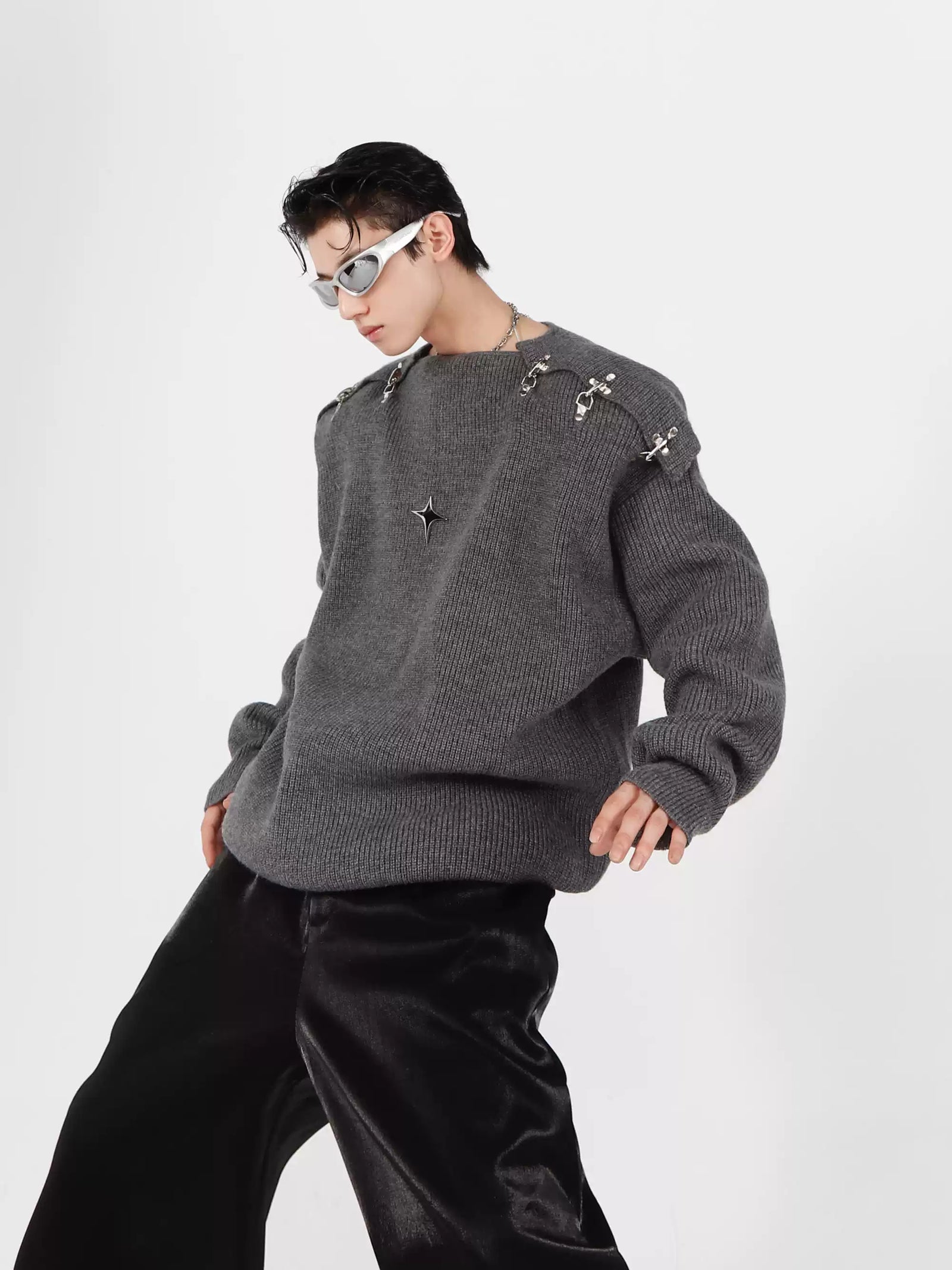 Metal Buckle Cut-Out Knit Sweater
