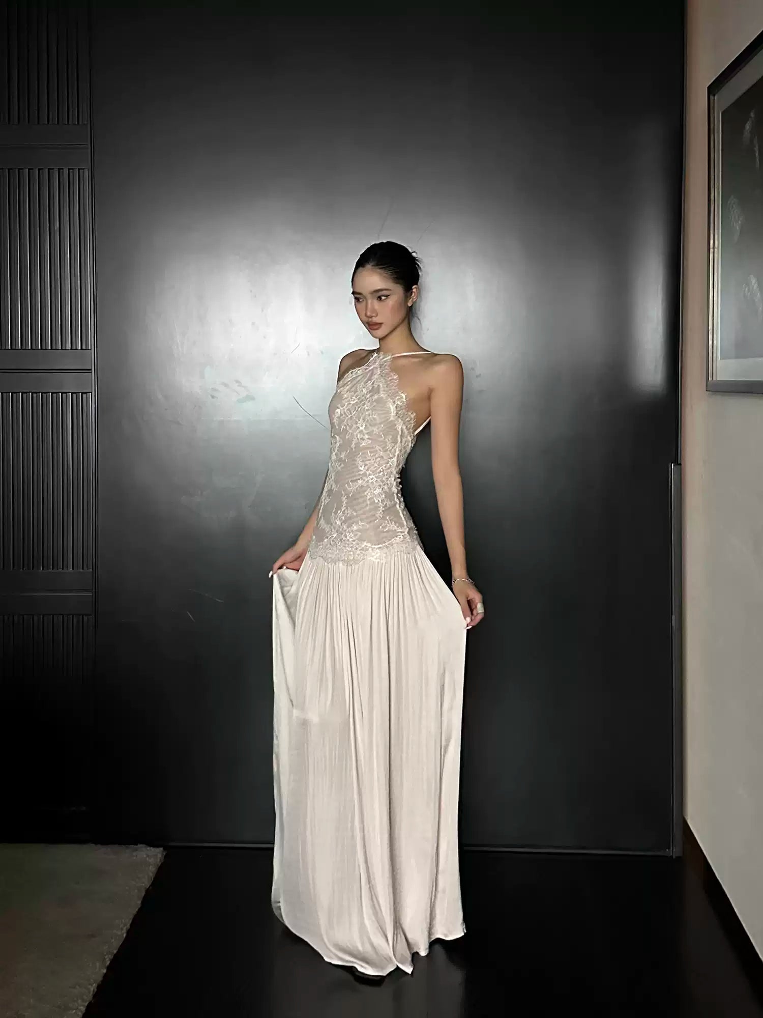 Lace Panel Halter Slip Maxi Dress
