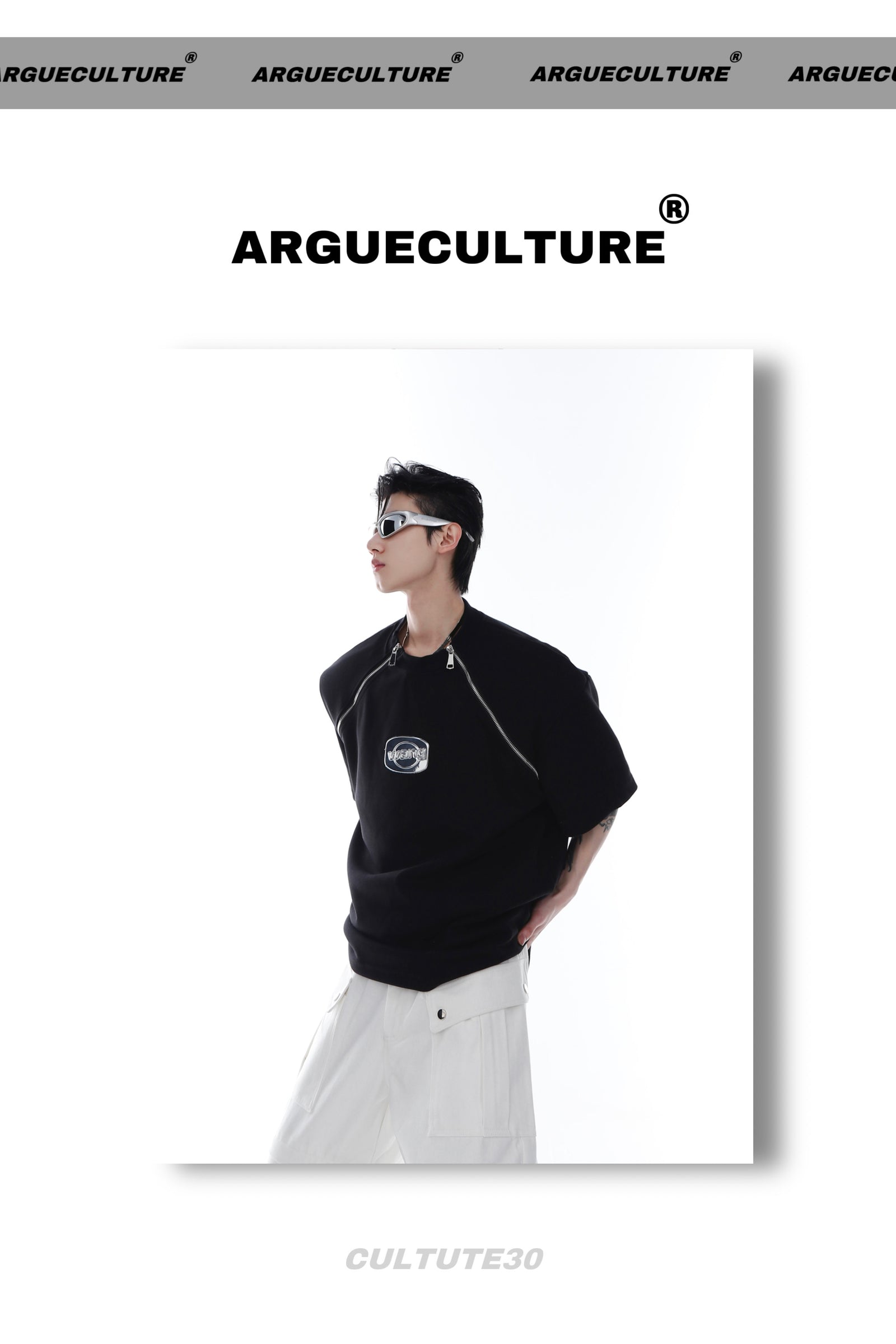Padded Shoulder Zipper Splice T-Shirt
