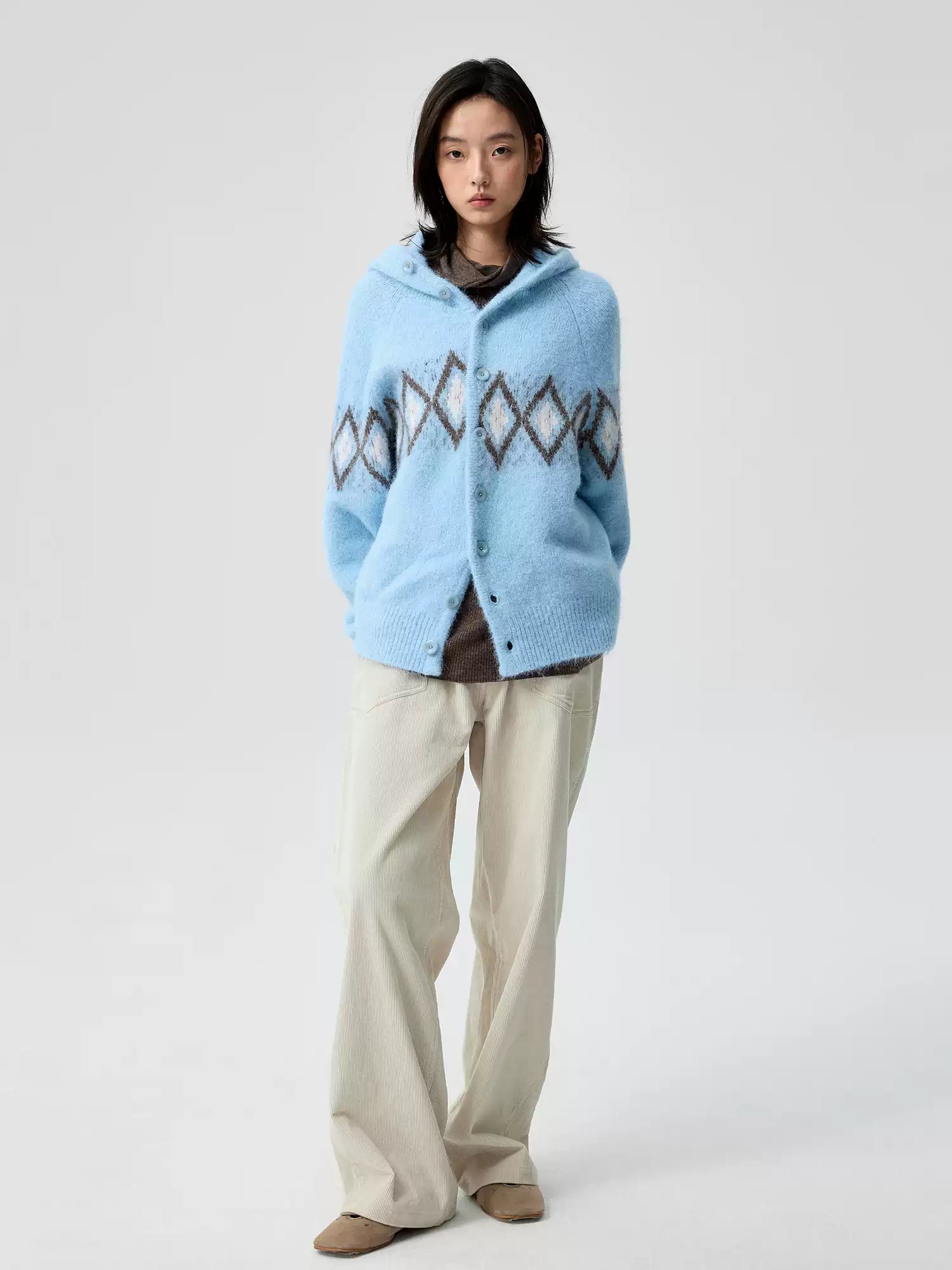 Jacquard Hooded Sweater Offset Diamond Pattern