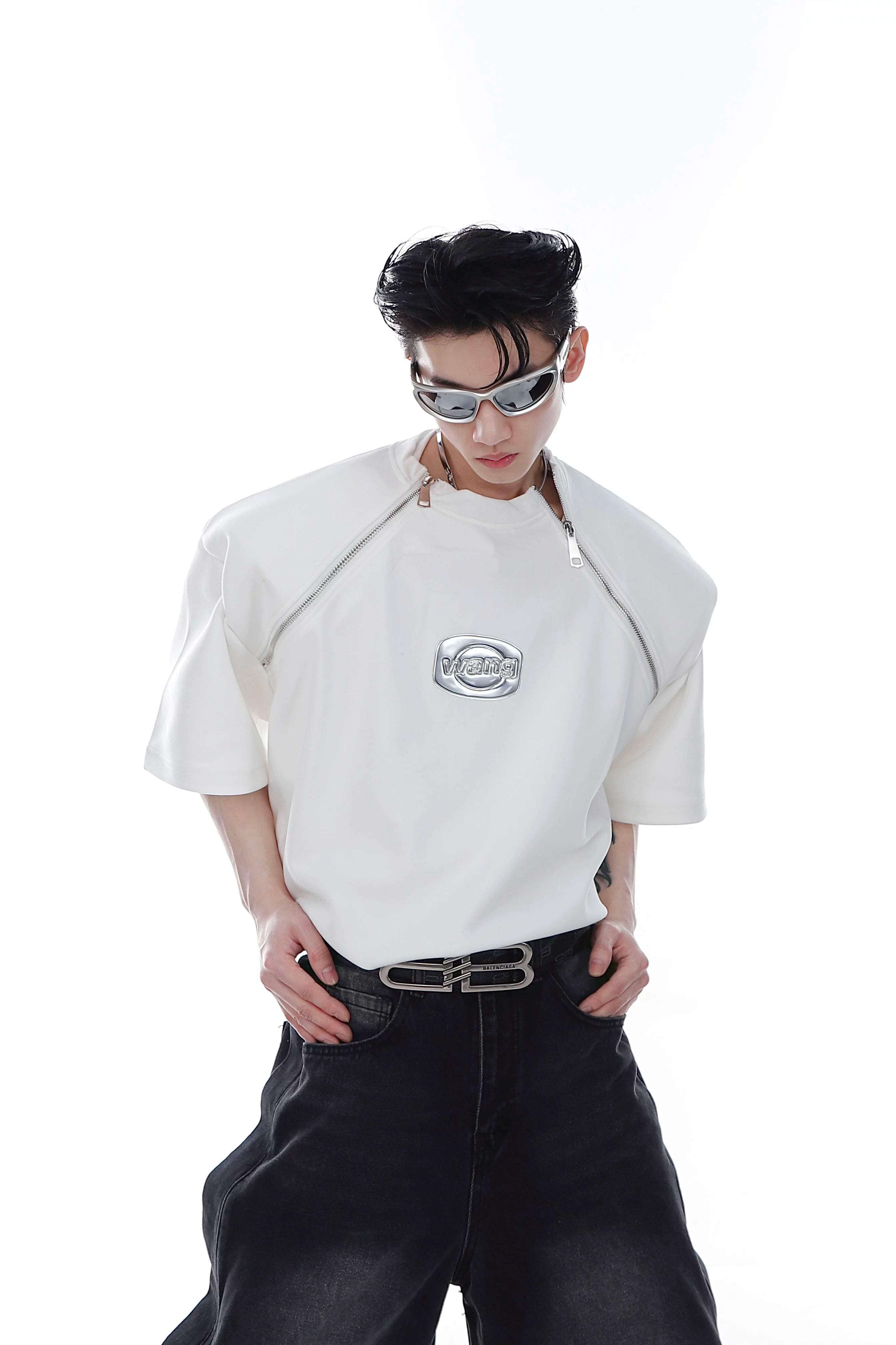 Padded Shoulder Zipper Splice T-Shirt