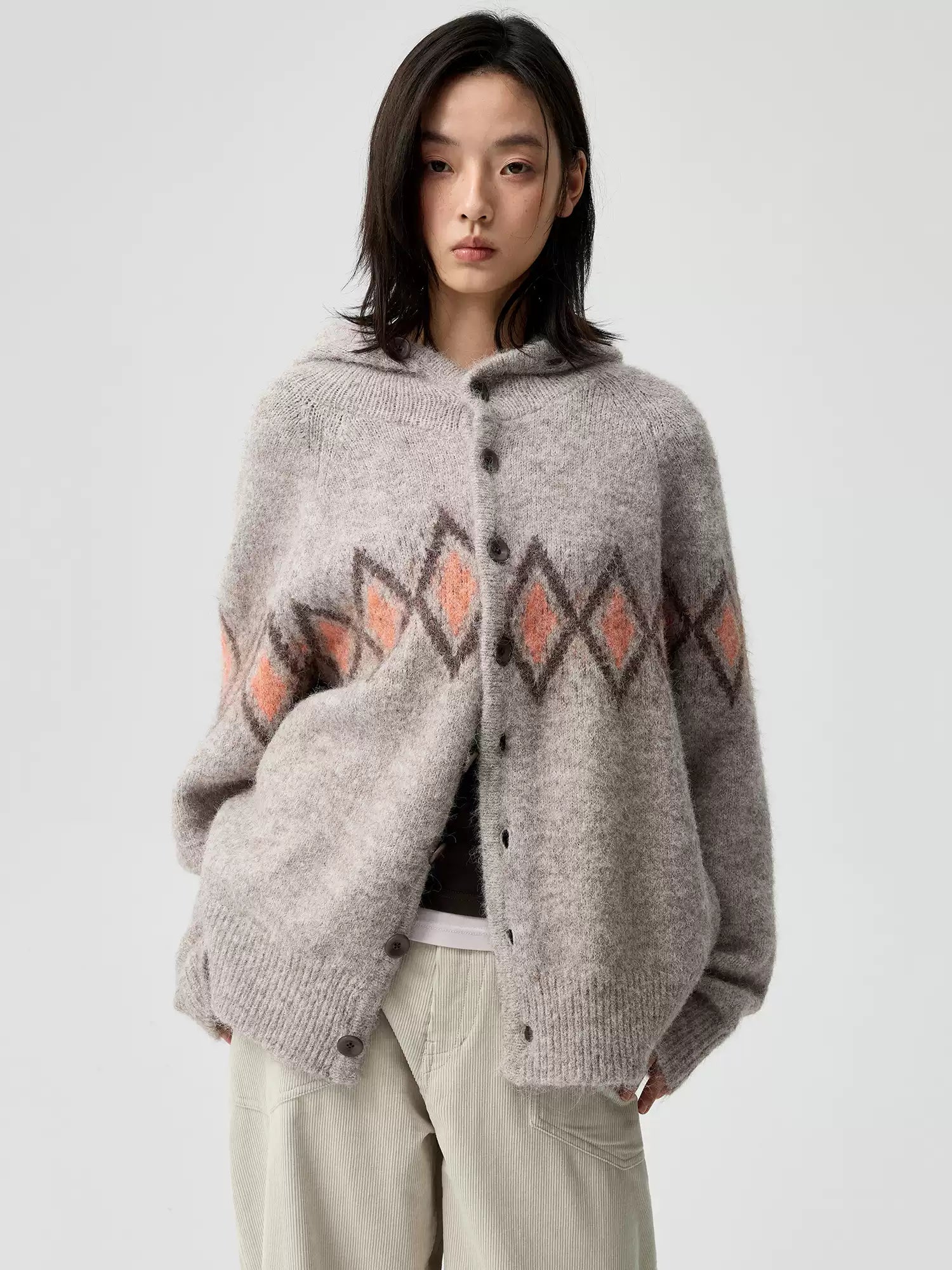 Jacquard Hooded Sweater Offset Diamond Pattern