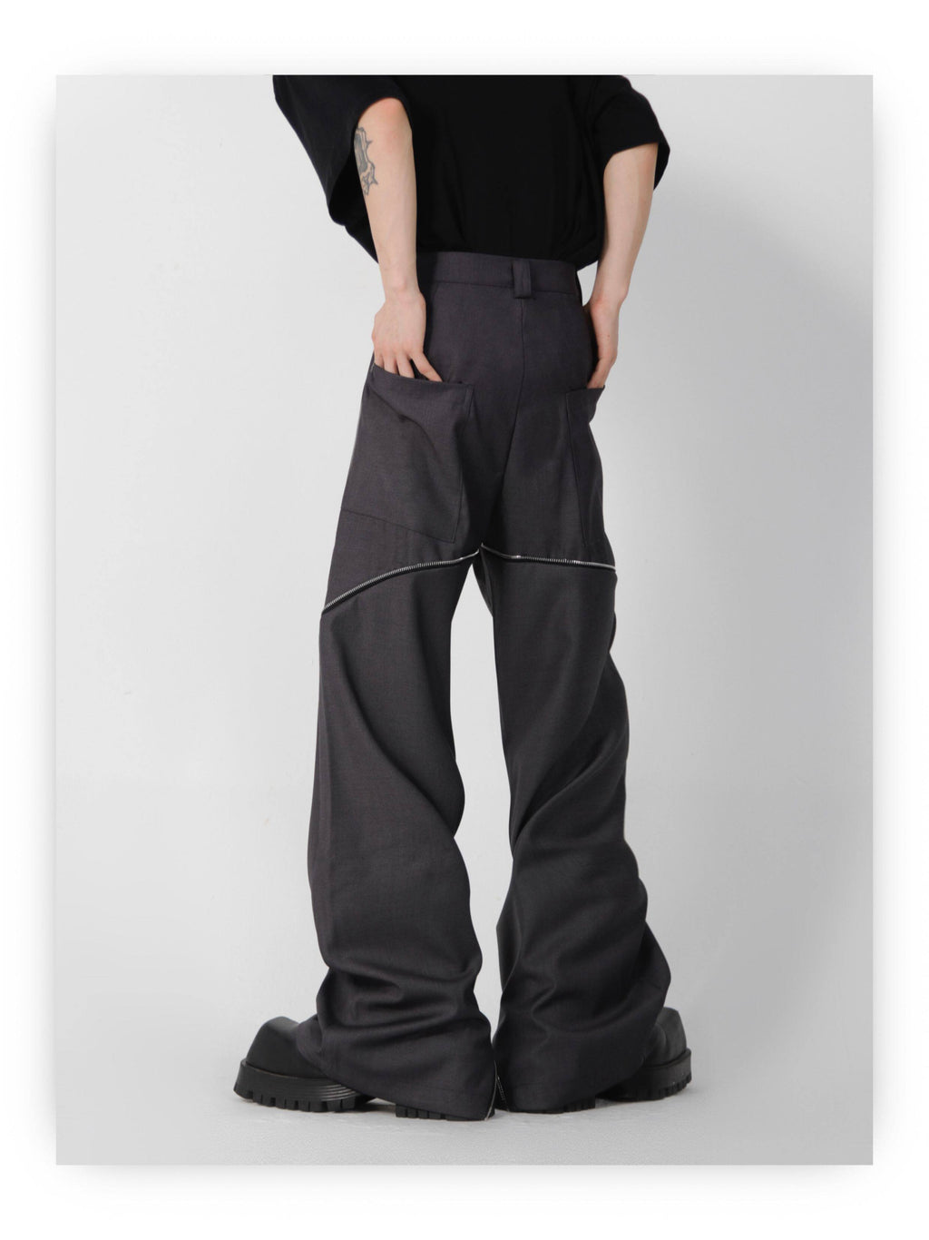 Zip-Slit Flared Straight Leg Trousers