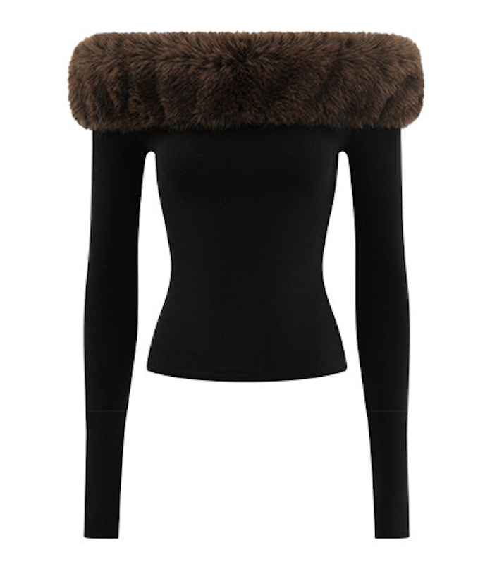 Off-Shoulder Faux Fur Trim Long Sleeve Top